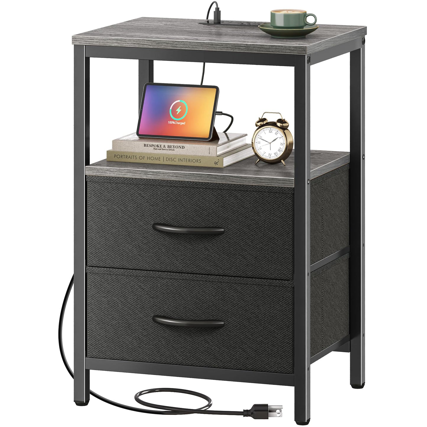 Huuger Nightstand with Charging Station, Side Table with Fabric Drawers, End Table with Open Shelf, Bedside Table with USB Ports and Outlets, Night Stand for Bedroom, Rustic Brown and Black