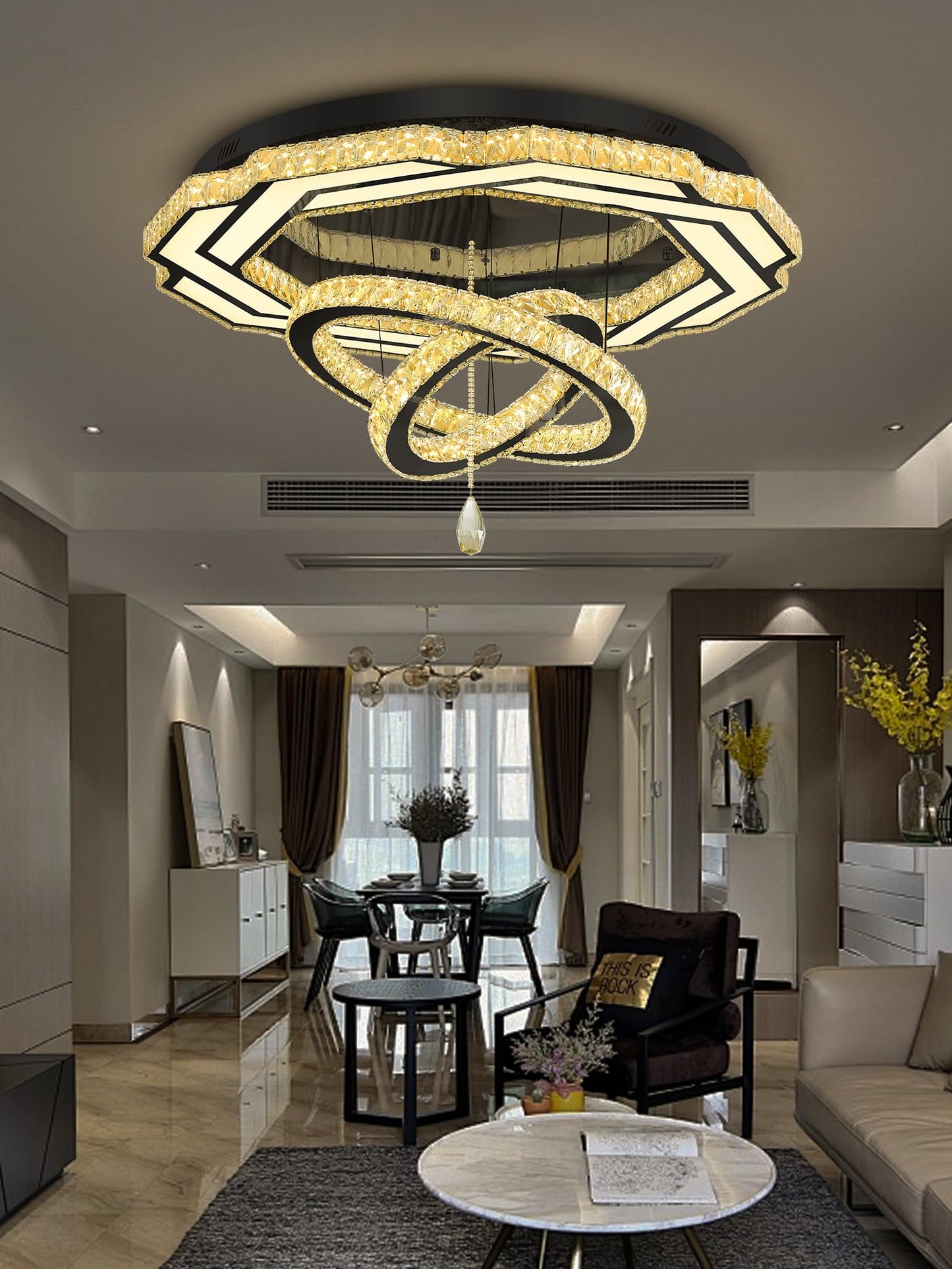 Flashing God Crystal Chandeliers Dia 32" Silver Elegant Chandelier Flush Mount Ceiling Light for Bedroom Living Room Dining Room Hallway Dimmable 3 Rings LED Celing Lighting Fixtures