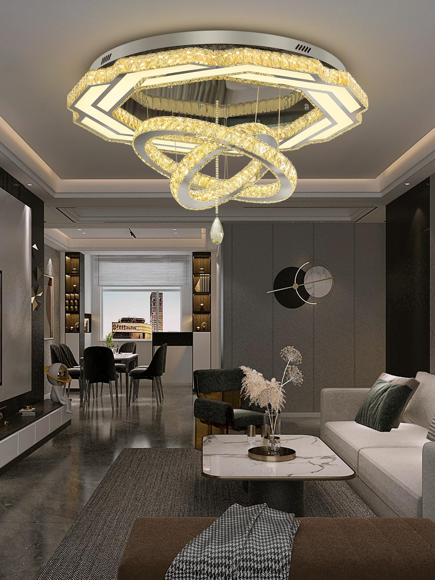Flashing God Crystal Chandeliers Dia 32" Silver Elegant Chandelier Flush Mount Ceiling Light for Bedroom Living Room Dining Room Hallway Dimmable 3 Rings LED Celing Lighting Fixtures