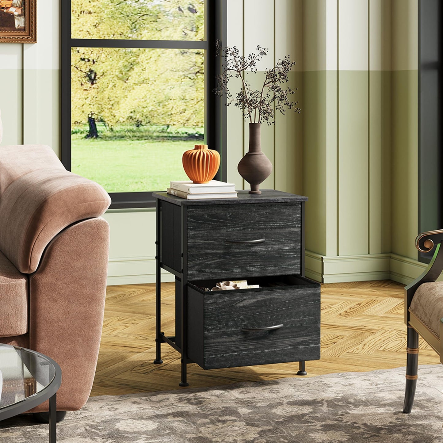 WLIVE Nightstand, 2 Drawer Dresser for Bedroom, Small Dresser with 2 Drawers, Bedside Furniture, Night Stand, End Table with Fabric Bins for Bedroom, Closet, Entryway, College Dorm, Dark Grey