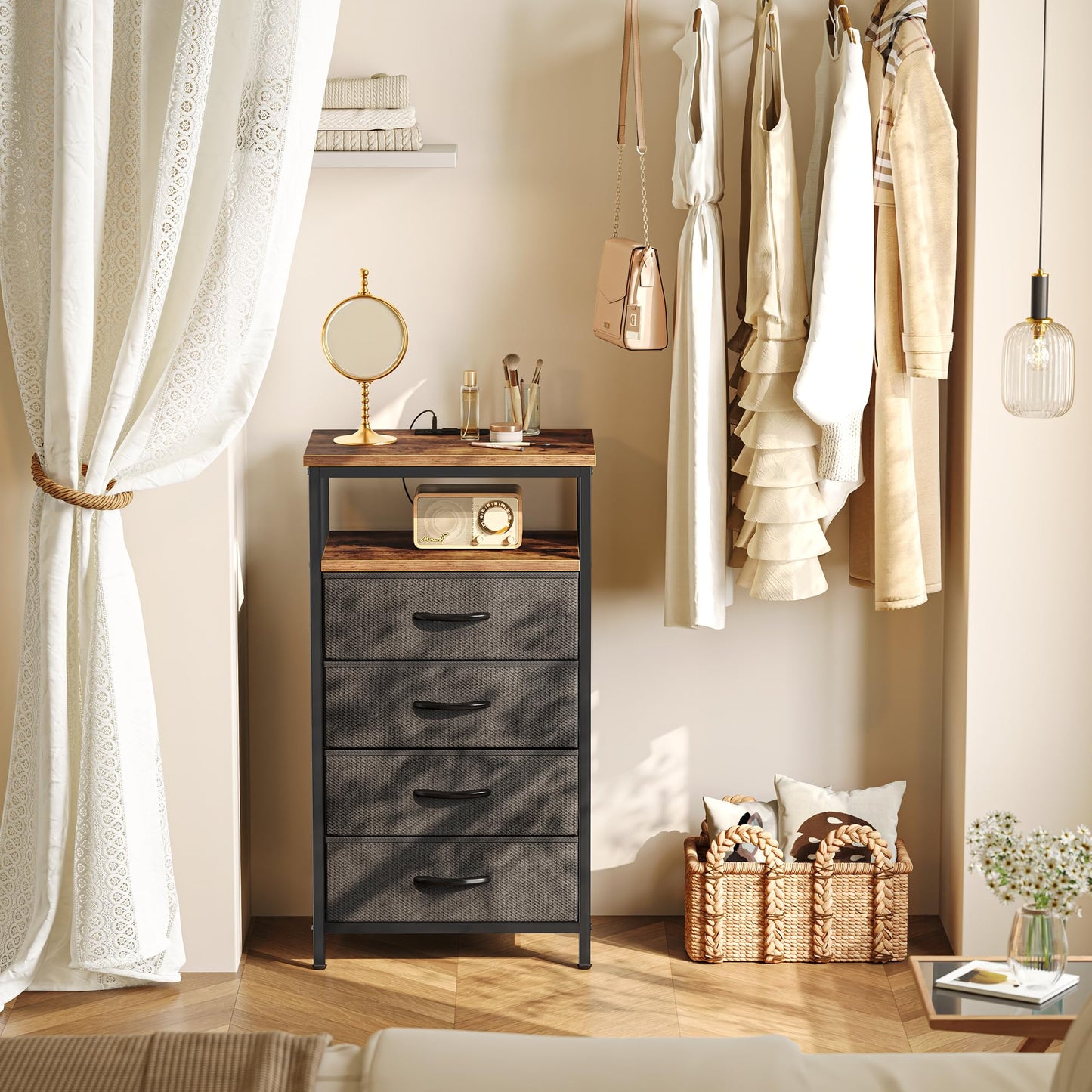 Huuger Nightstand with Charging Station, Side Table with Fabric Drawers, End Table with Open Shelf, Bedside Table with USB Ports and Outlets, Night Stand for Bedroom, Rustic Brown and Black