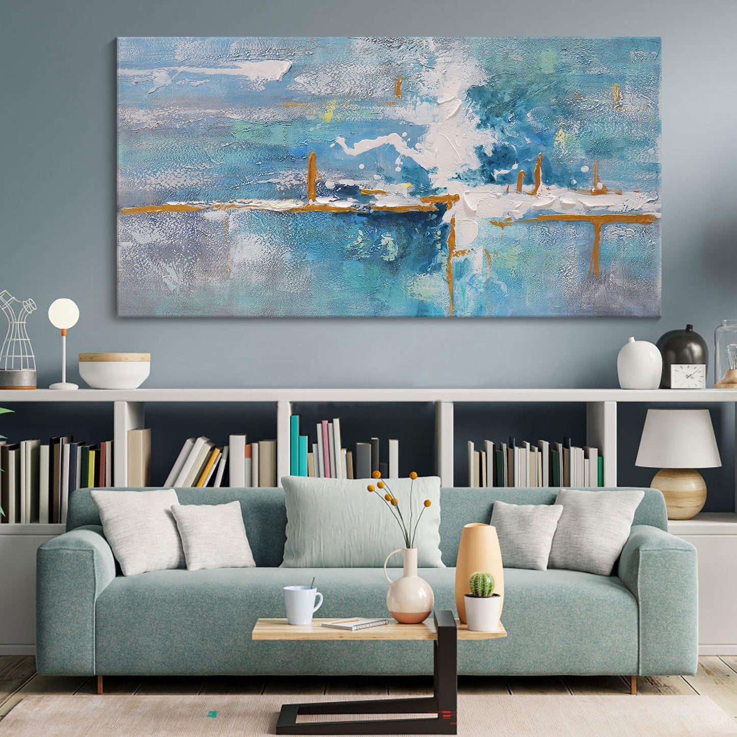yiijeah Wall Art for Living Room - Framed Picture Artwork for Walls - Blue Wall Art 24x48 Inches Contemporary Abstract Wall Art Prints Canvas Painting Large Size Wall Art for Bedroom Office