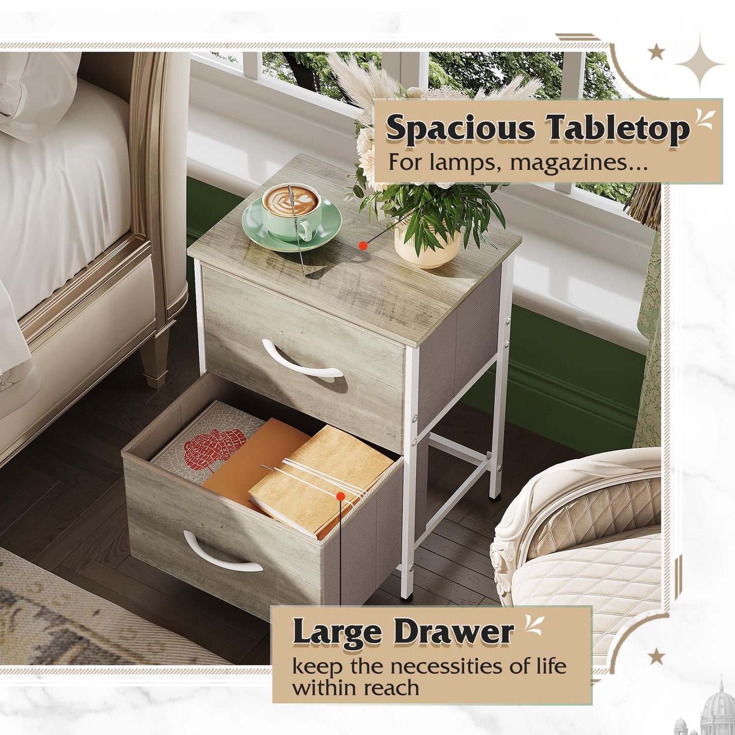 WLIVE Nightstand, 2 Drawer Dresser for Bedroom, Small Dresser with 2 Drawers, Bedside Furniture, Night Stand, End Table with Fabric Bins for Bedroom, Closet, Entryway, College Dorm, Dark Grey