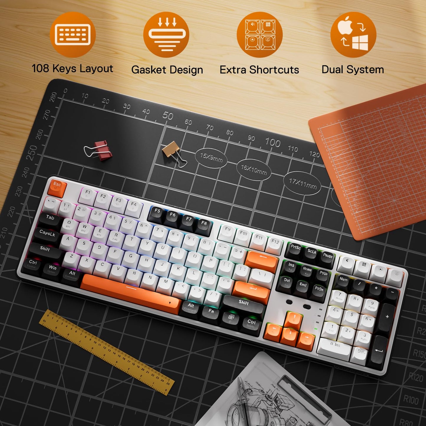 Redragon K668 RGB Gaming Keyboard, 104 Keys + Extra 4 Hotkeys Wired Mechanical Keyboard w/Sound Absorbing Foams, Upgraded Hot-swappable Socket, Mixed Color Keycaps x 2 Sets, Red Switch