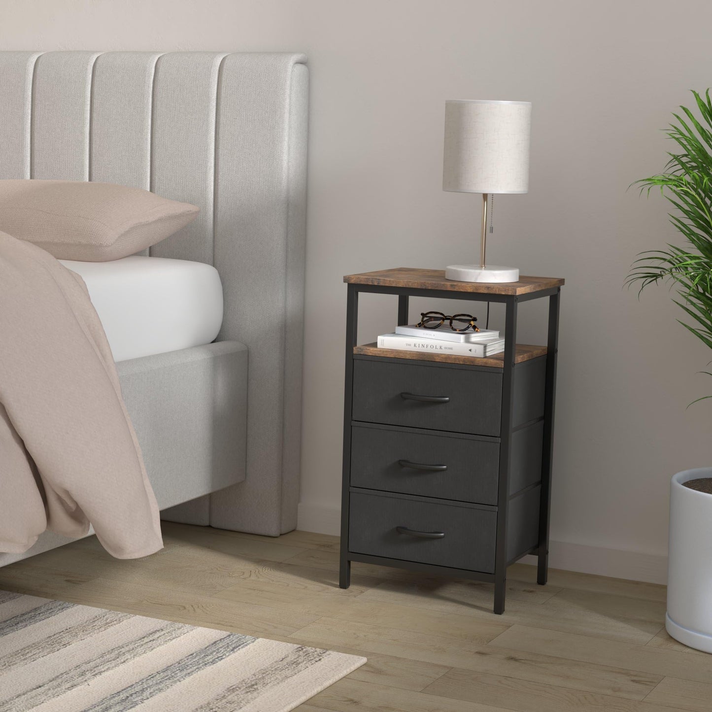 Huuger Nightstand with Charging Station, Side Table with Fabric Drawers, End Table with Open Shelf, Bedside Table with USB Ports and Outlets, Night Stand for Bedroom, Rustic Brown and Black