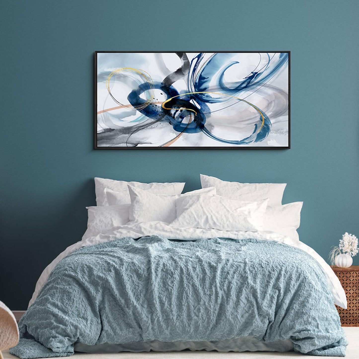 yiijeah Wall Art for Living Room - Framed Picture Artwork for Walls - Blue Wall Art 24x48 Inches Contemporary Abstract Wall Art Prints Canvas Painting Large Size Wall Art for Bedroom Office