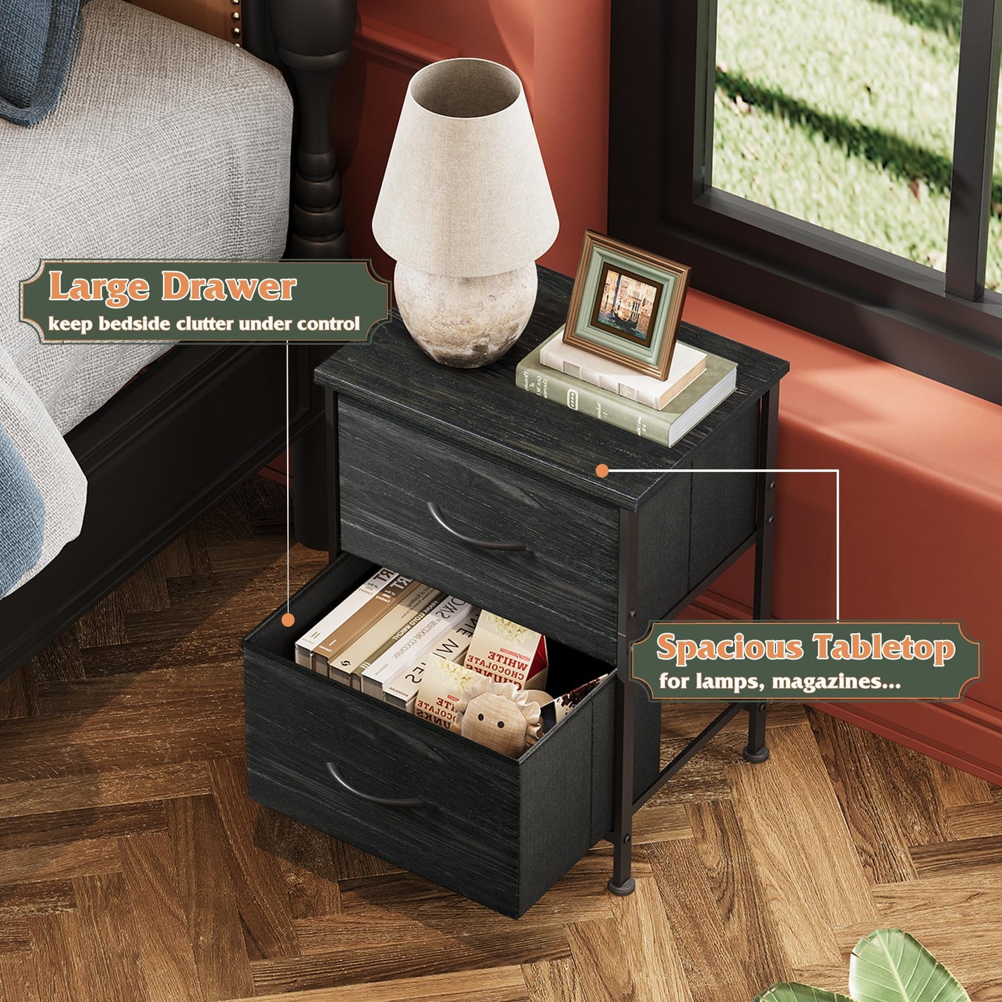 WLIVE Nightstand, 2 Drawer Dresser for Bedroom, Small Dresser with 2 Drawers, Bedside Furniture, Night Stand, End Table with Fabric Bins for Bedroom, Closet, Entryway, College Dorm, Dark Grey