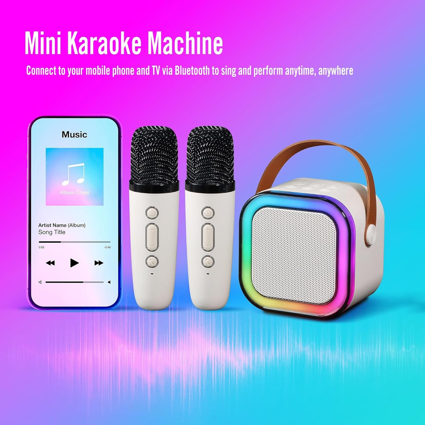 Portable Mini Karaoke Machine with 2 Wireless Mics for Party, Camping, Outdoor Bonfire, TIK Tok Live, TF/USB/AUX Support, Ideal Gift for Kids & Adults (Beige)