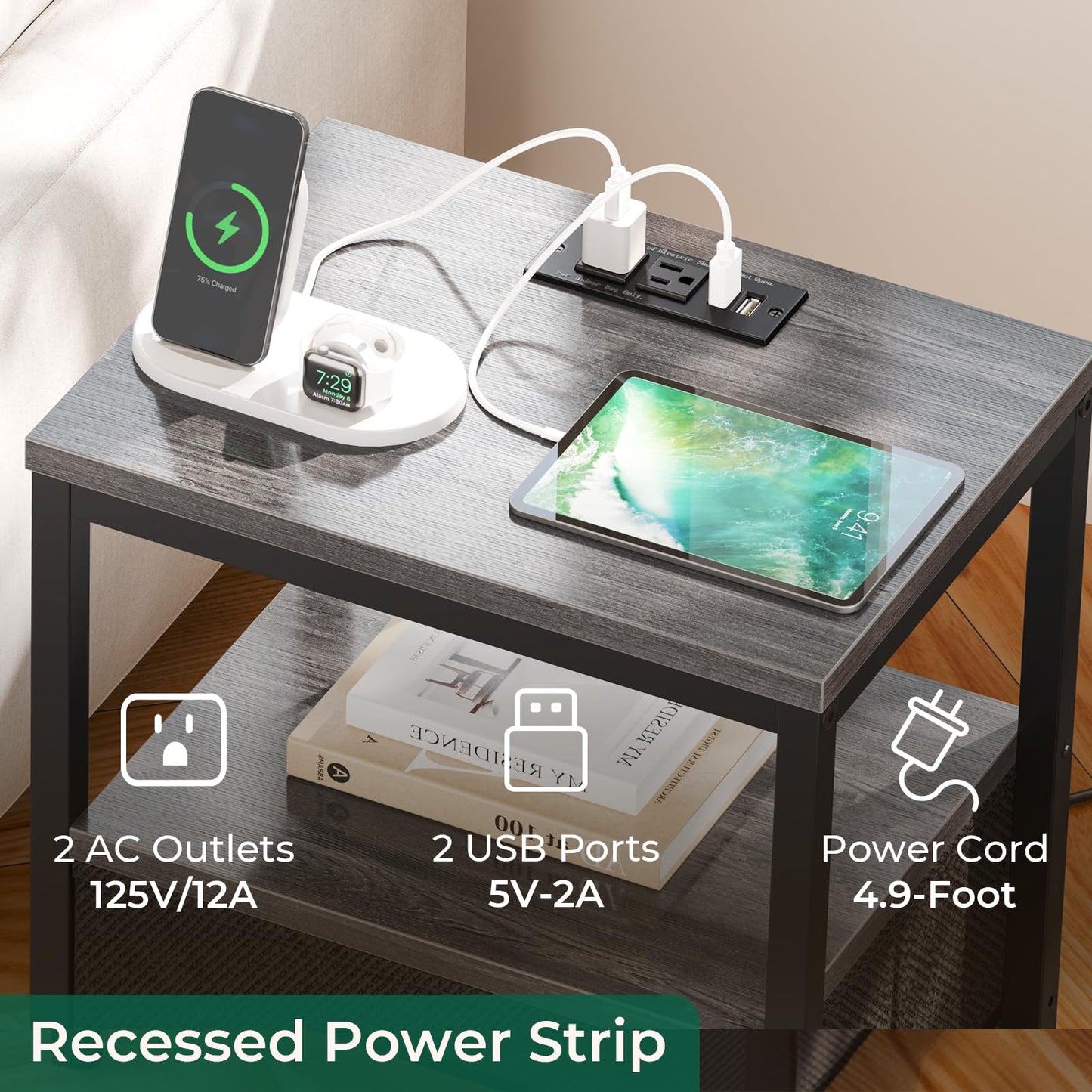 Huuger Nightstand with Charging Station, Side Table with Fabric Drawers, End Table with Open Shelf, Bedside Table with USB Ports and Outlets, Night Stand for Bedroom, Rustic Brown and Black