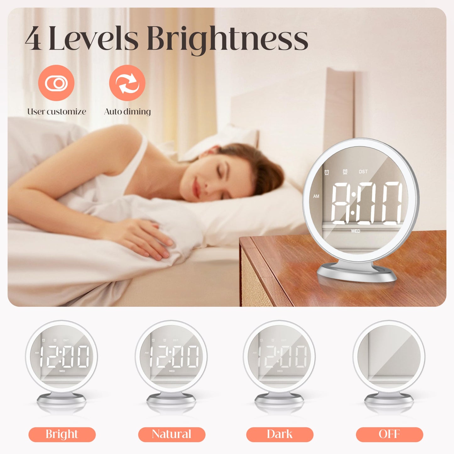 Slim LED Digital Alarm Clock, Mirror Surface for Makeup, with Diming, Large Display, Easy Setting, USB Ports, Modern Decor for Bedroom, Desk, Xmas, Birthday Gift for Women, Sister, Teen Girl, Silver