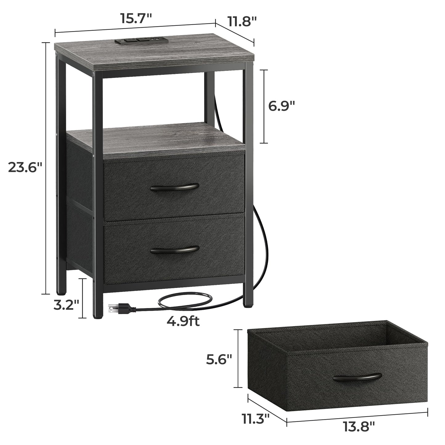 Huuger Nightstand with Charging Station, Side Table with Fabric Drawers, End Table with Open Shelf, Bedside Table with USB Ports and Outlets, Night Stand for Bedroom, Rustic Brown and Black