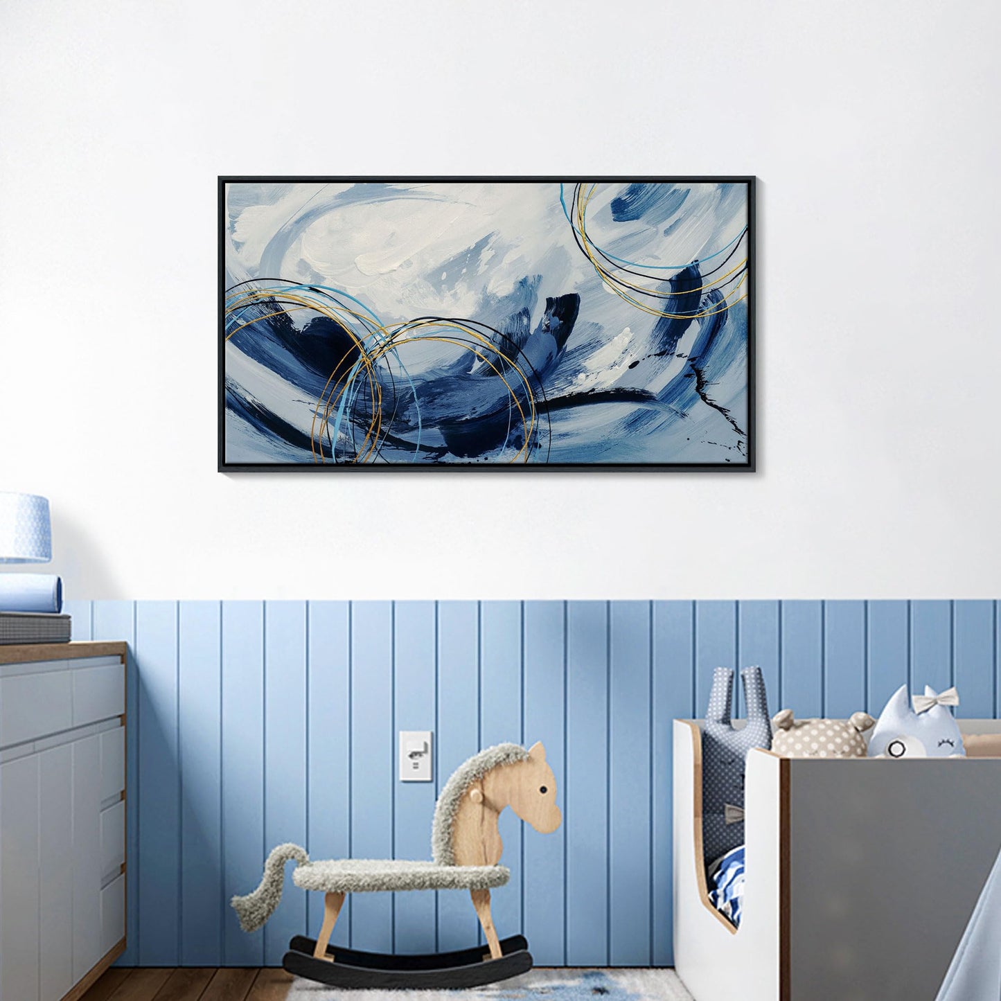 yiijeah Wall Art for Living Room - Framed Picture Artwork for Walls - Blue Wall Art 24x48 Inches Contemporary Abstract Wall Art Prints Canvas Painting Large Size Wall Art for Bedroom Office