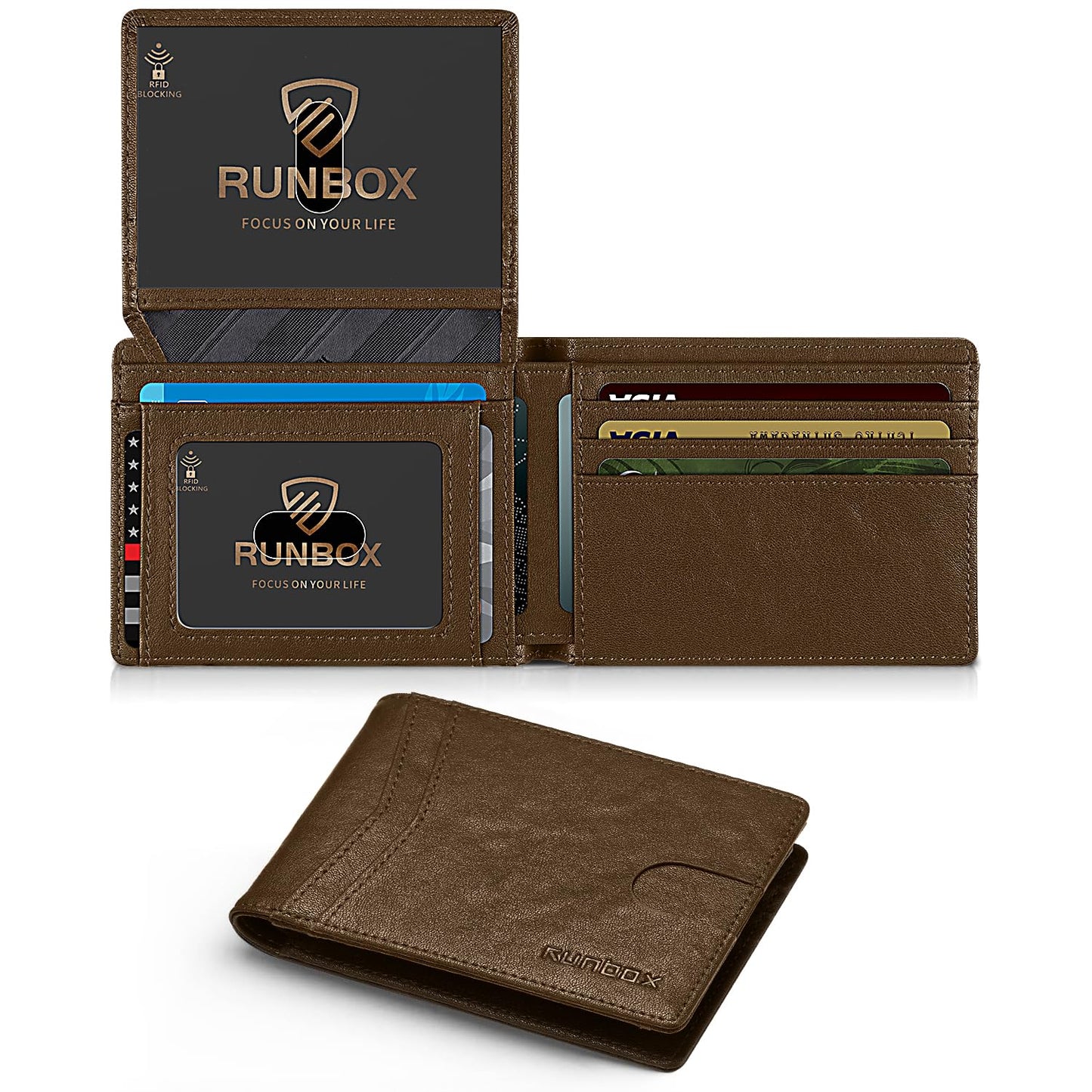 RUNBOX Wallet for Men Slim Rfid Leather 2 ID Window With Gift Box
