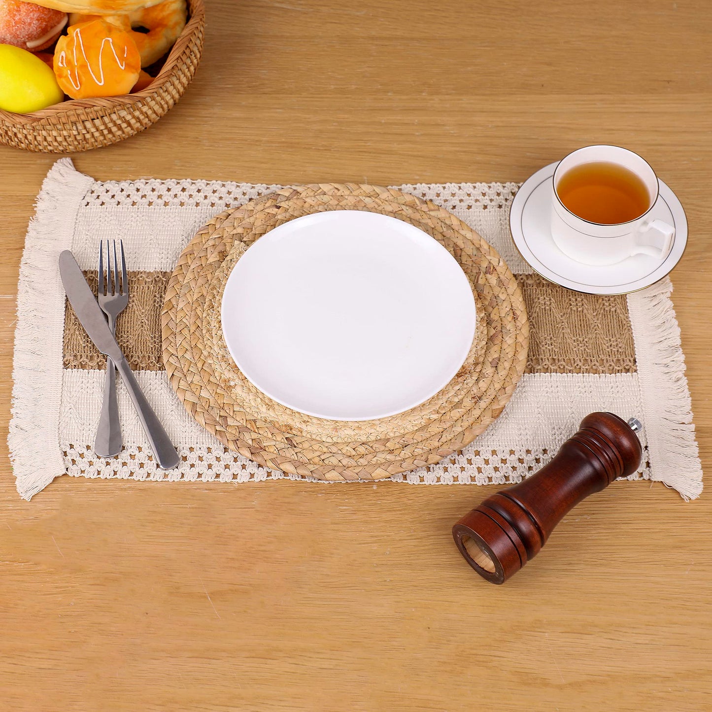 Handmade Boho Placemats Set of 6 - Natural Cotton Burlap and Water Straw Woven Combination Table Mats, Macrame Décor and Farmhouse Style Placemats, for Dining Table Kitchen
