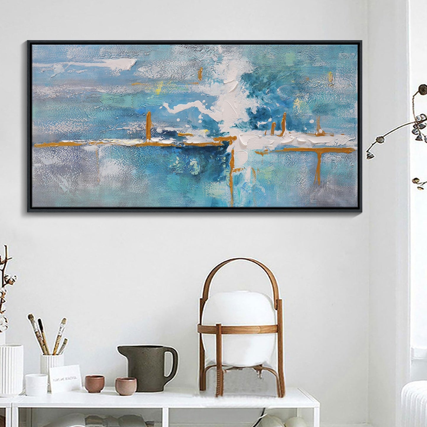 yiijeah Wall Art for Living Room - Framed Picture Artwork for Walls - Blue Wall Art 24x48 Inches Contemporary Abstract Wall Art Prints Canvas Painting Large Size Wall Art for Bedroom Office