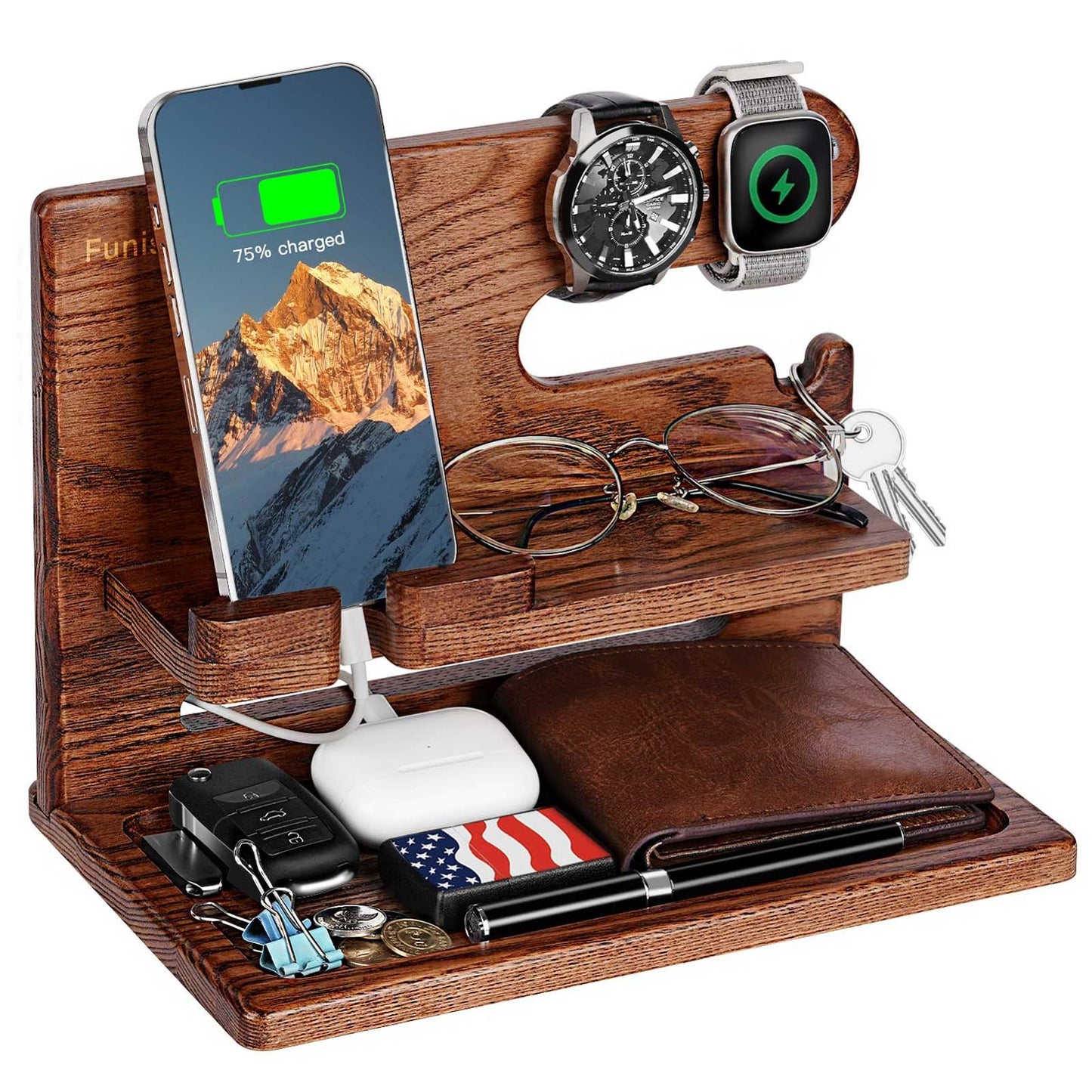 Gifts for Men Dad from Daughter Son Christmas, Wood Phone Docking Station with Drawer, Husband Birthday Gifts Him Boyfriend from Wife Anniversary Nightstand Organizer Xmas Stocking Stuffers