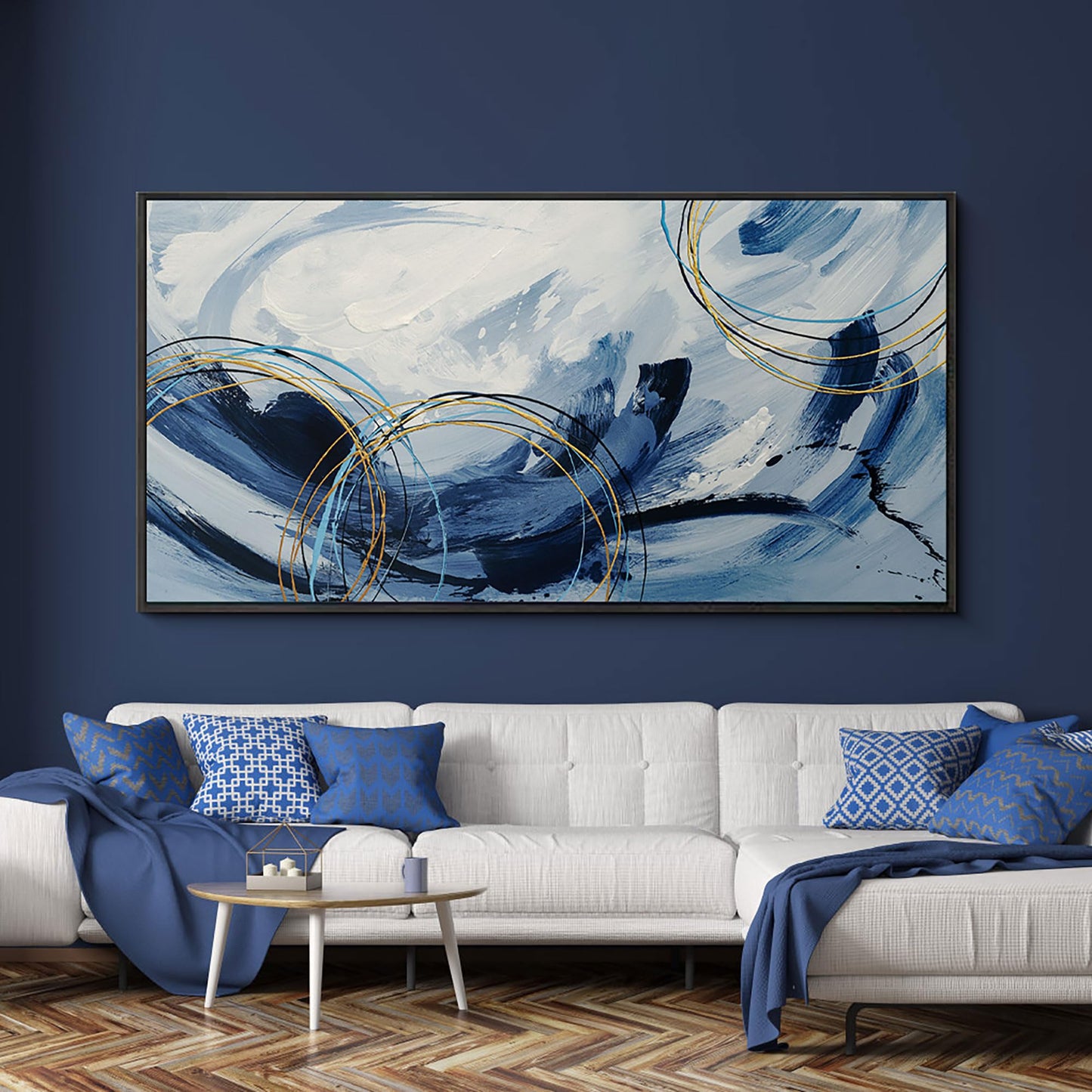 yiijeah Wall Art for Living Room - Framed Picture Artwork for Walls - Blue Wall Art 24x48 Inches Contemporary Abstract Wall Art Prints Canvas Painting Large Size Wall Art for Bedroom Office