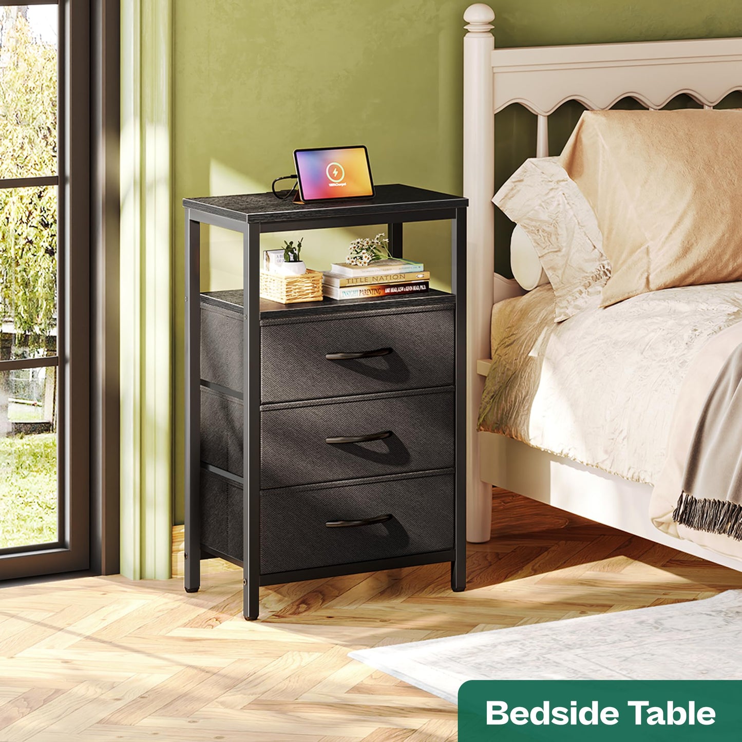 Huuger Nightstand with Charging Station, Side Table with Fabric Drawers, End Table with Open Shelf, Bedside Table with USB Ports and Outlets, Night Stand for Bedroom, Rustic Brown and Black