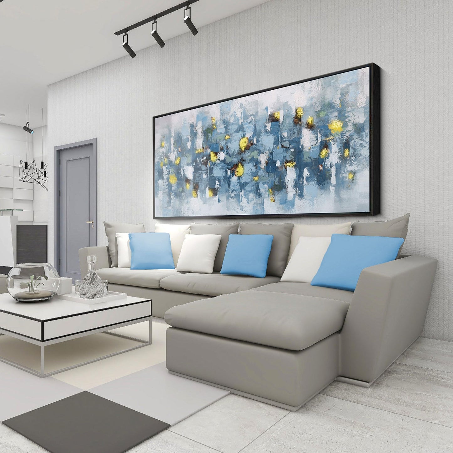 yiijeah Wall Art for Living Room - Framed Picture Artwork for Walls - Blue Wall Art 24x48 Inches Contemporary Abstract Wall Art Prints Canvas Painting Large Size Wall Art for Bedroom Office