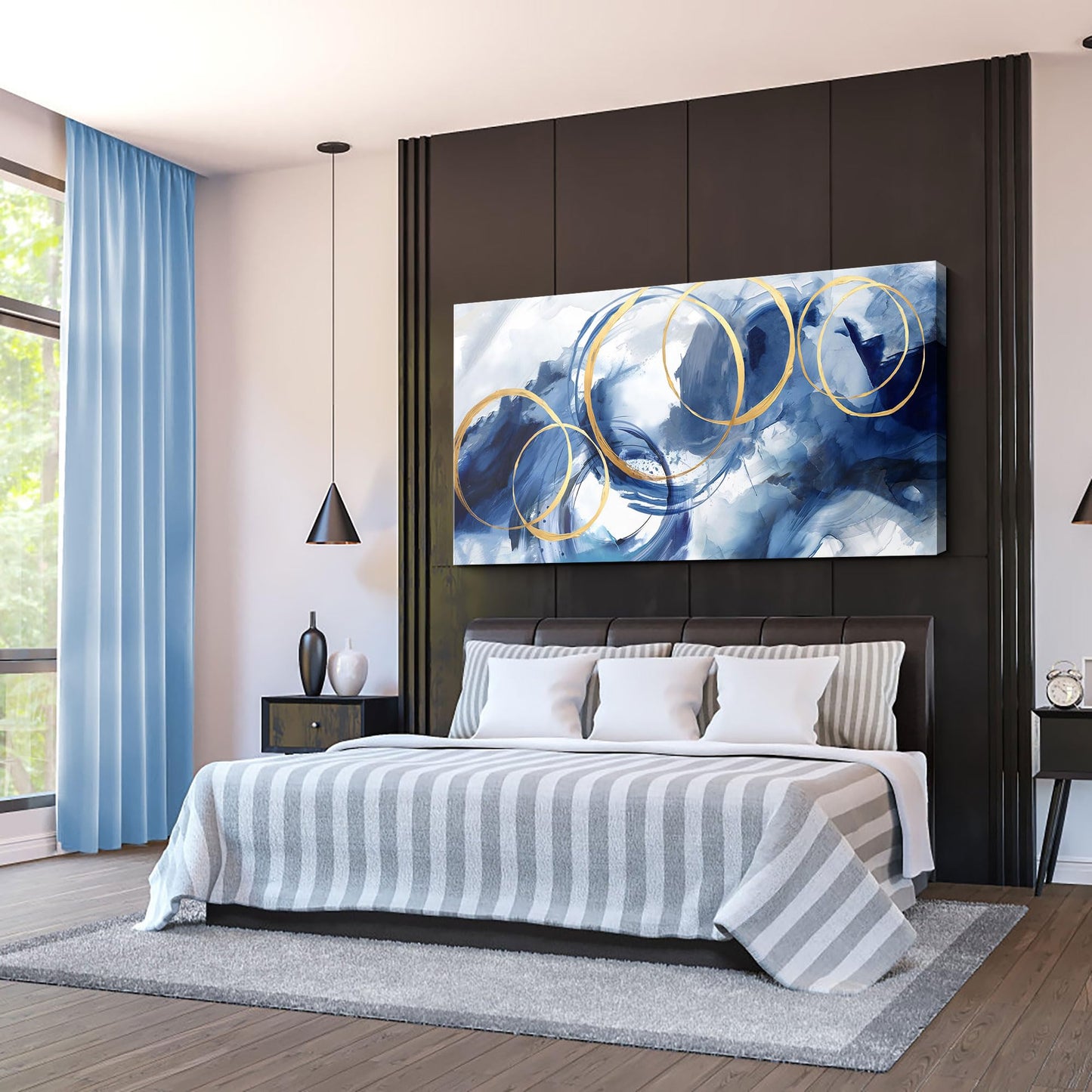 yiijeah Wall Art for Living Room - Framed Picture Artwork for Walls - Blue Wall Art 24x48 Inches Contemporary Abstract Wall Art Prints Canvas Painting Large Size Wall Art for Bedroom Office