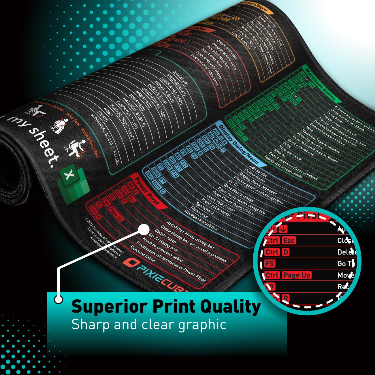 Excel Shortcut Keys Mouse Pad - Extended Large XL Cheat Sheet Gaming Mousepad | PC Office Spreadsheet Keyboard Mat | Non-Slip Stitched Edge