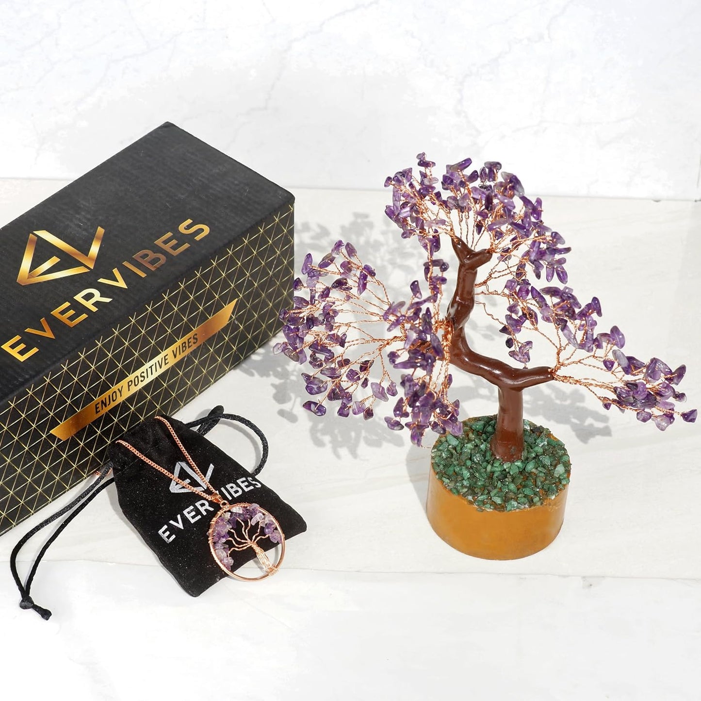 Ever Vibes Amethyst Chakra Gemstone Money Tree of Life with Necklace - Spiritual Decor, Feng Shui Healing Crystal, Handmade Tree Figurine Gift for Good Luck, Fortune, Wealth, Home Office Desk Decor