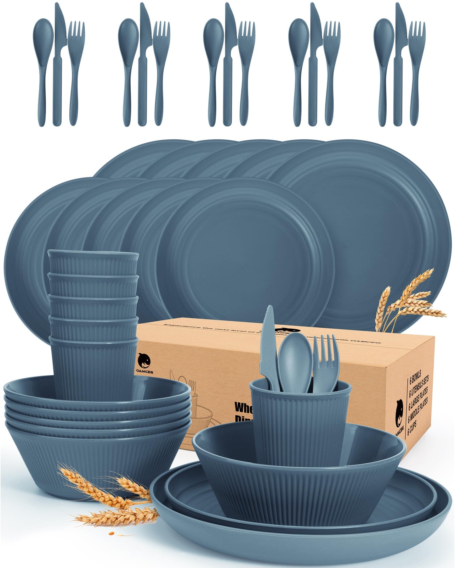 42 Pieces Wheat Straw Dinnerware Set - OAMCEG Plastic Dinner Set for 6, Kitchen Plates and Bowls Set, College Dorm Microwave Dishes, Unbreakable Plastic Outdoor Camping Dishes, Black