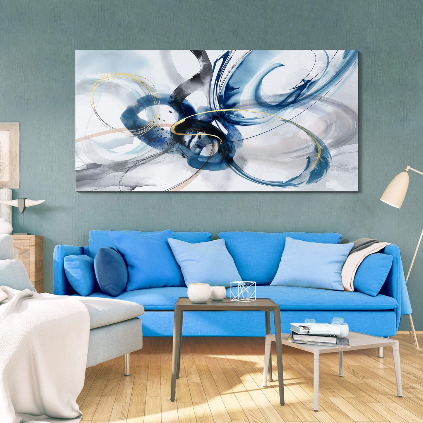 yiijeah Wall Art for Living Room - Framed Picture Artwork for Walls - Blue Wall Art 24x48 Inches Contemporary Abstract Wall Art Prints Canvas Painting Large Size Wall Art for Bedroom Office