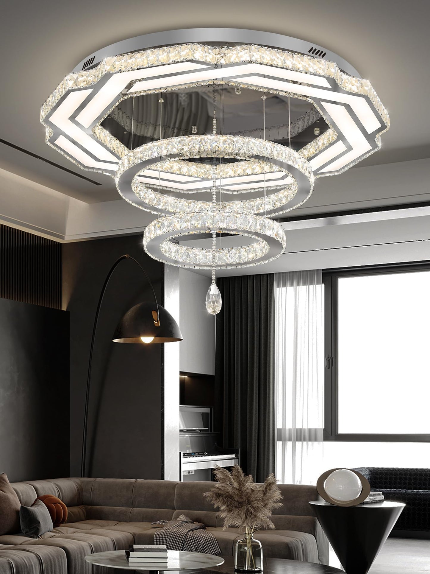Flashing God Crystal Chandeliers Dia 32" Silver Elegant Chandelier Flush Mount Ceiling Light for Bedroom Living Room Dining Room Hallway Dimmable 3 Rings LED Celing Lighting Fixtures