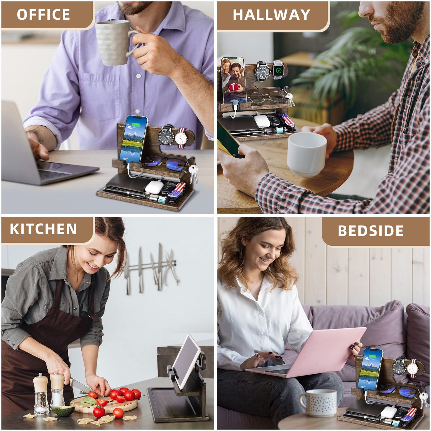 Gifts for Men Dad from Daughter Son Christmas, Wood Phone Docking Station with Drawer, Husband Birthday Gifts Him Boyfriend from Wife Anniversary Nightstand Organizer Xmas Stocking Stuffers