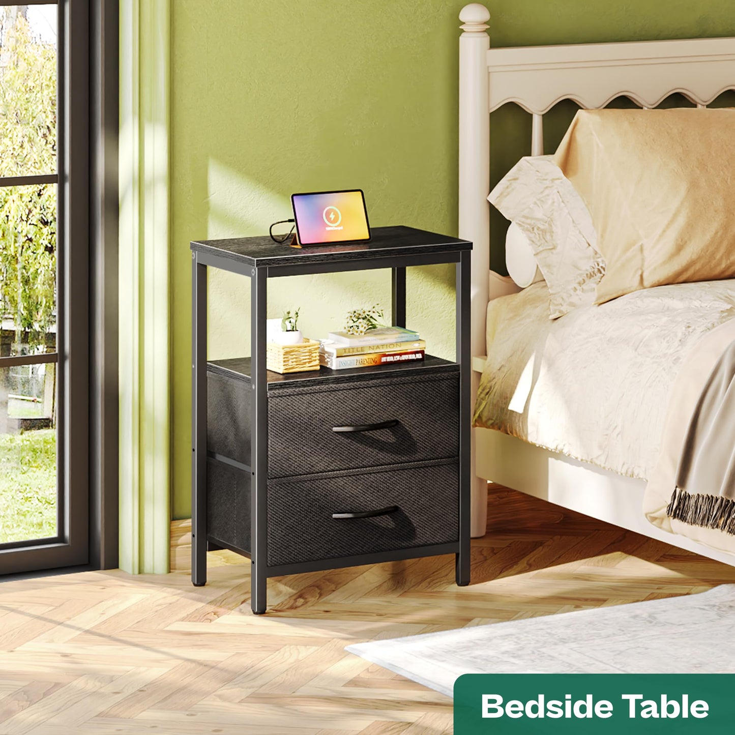 Huuger Nightstand with Charging Station, Side Table with Fabric Drawers, End Table with Open Shelf, Bedside Table with USB Ports and Outlets, Night Stand for Bedroom, Rustic Brown and Black