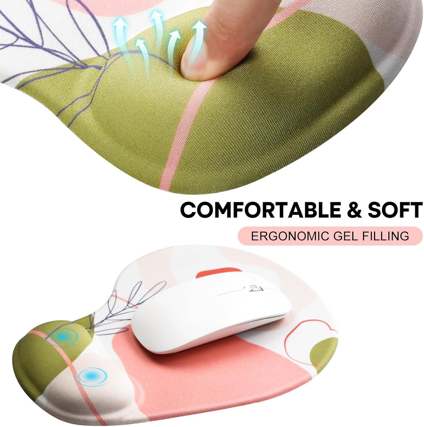 JIKIOU Mouse Pad, 2 Pack Ergonomic Mouse Pads with Comfortable Gel Wrist Rest Support and Lycra Cloth, Non-Slip PU Base for Easy Typing Pain Relief Durable and Easy to Clean Small Black