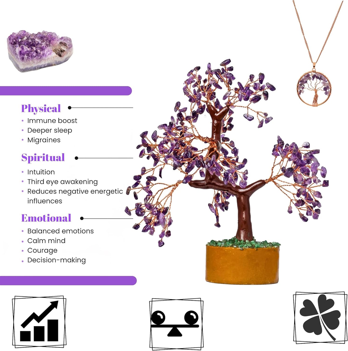 Ever Vibes Amethyst Chakra Gemstone Money Tree of Life with Necklace - Spiritual Decor, Feng Shui Healing Crystal, Handmade Tree Figurine Gift for Good Luck, Fortune, Wealth, Home Office Desk Decor