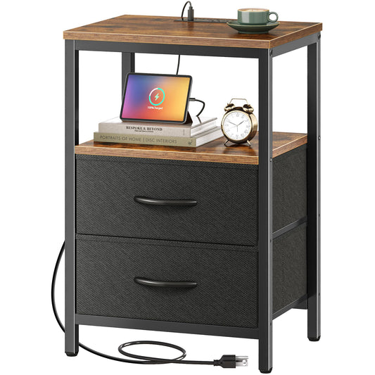 Huuger Nightstand with Charging Station, Side Table with Fabric Drawers, End Table with Open Shelf, Bedside Table with USB Ports and Outlets, Night Stand for Bedroom, Rustic Brown and Black