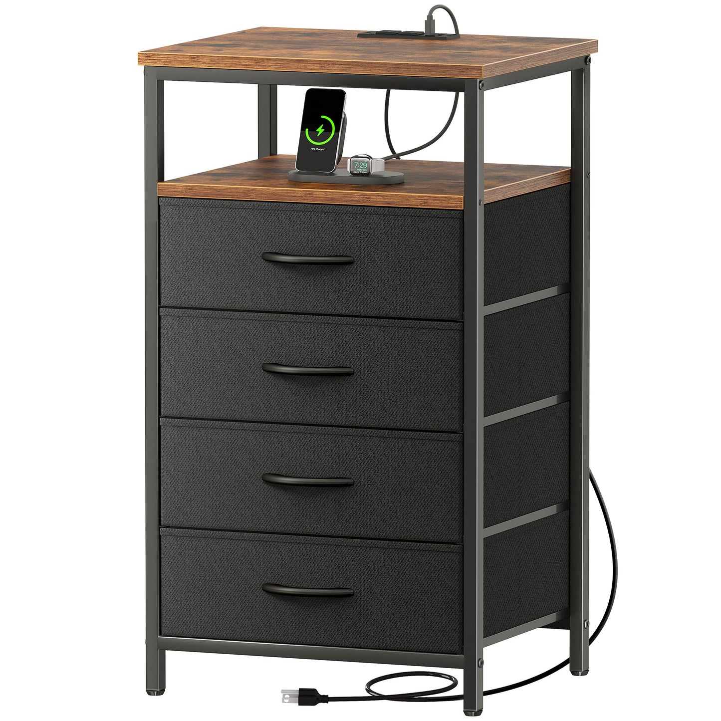 Huuger Nightstand with Charging Station, Side Table with Fabric Drawers, End Table with Open Shelf, Bedside Table with USB Ports and Outlets, Night Stand for Bedroom, Rustic Brown and Black
