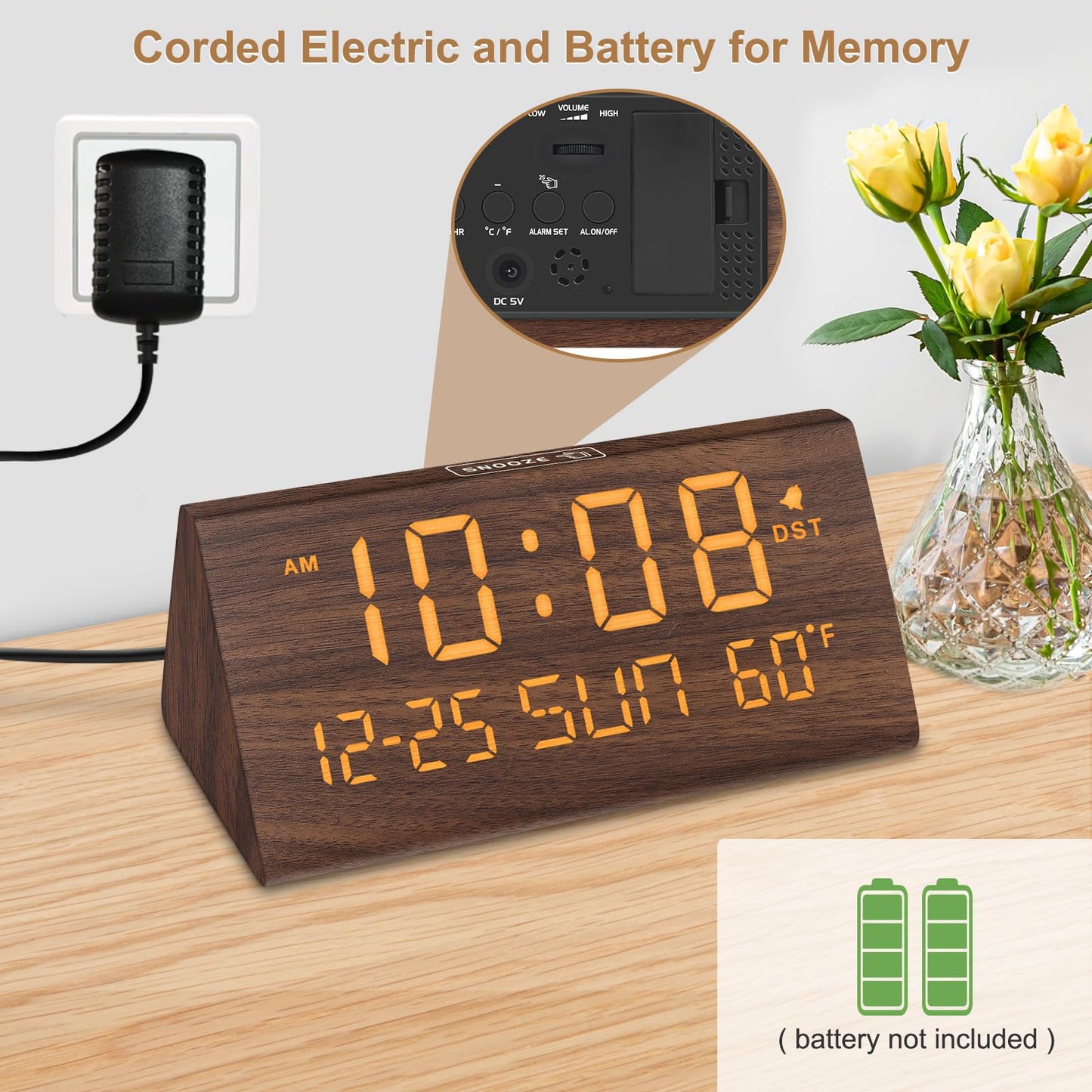 DreamSky Digital Alarm Clocks for Bedrooms - Wooden Desk Clock with Date, Day of Week, USB Port, Temperature, Dimmer for Bedside Table, Living Room, Office, Adjustable Volume, Auto DST, Wood Decor