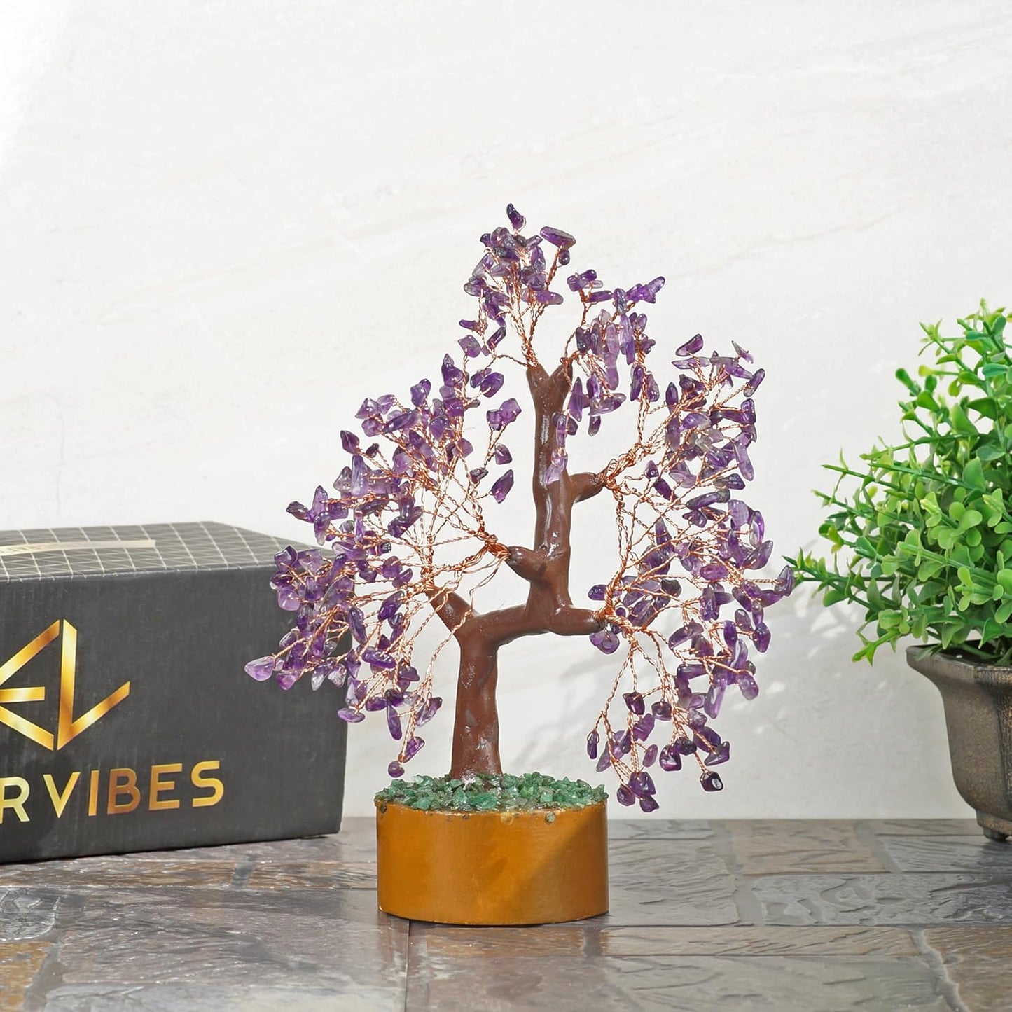Ever Vibes Amethyst Chakra Gemstone Money Tree of Life with Necklace - Spiritual Decor, Feng Shui Healing Crystal, Handmade Tree Figurine Gift for Good Luck, Fortune, Wealth, Home Office Desk Decor