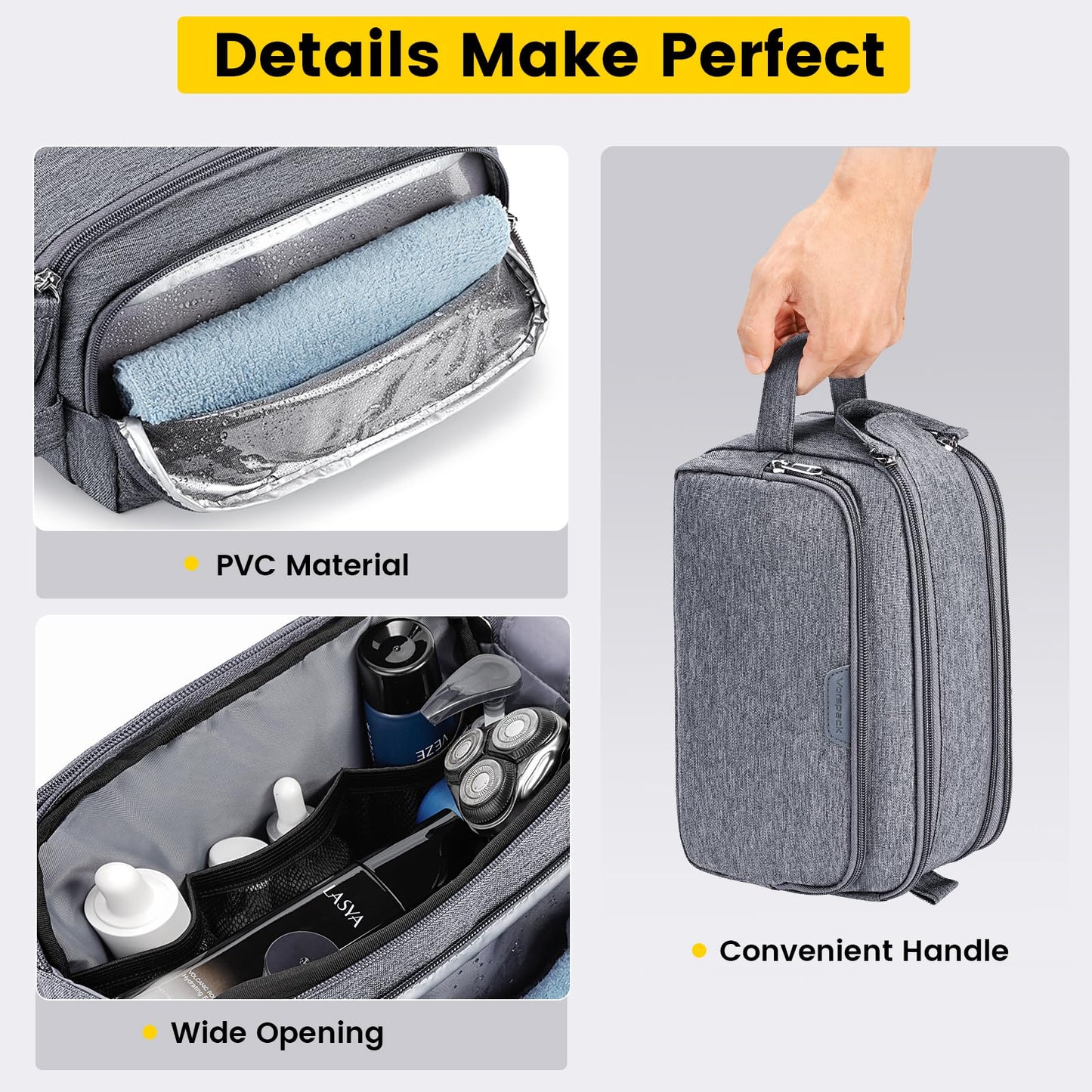 Vorspack Travel Toiletry Bag for Men - Water Resistant Mens Toiletry Travel Bag Dopp Kit Shaving Bag for Bathroom Toiletries Gifts - Grey