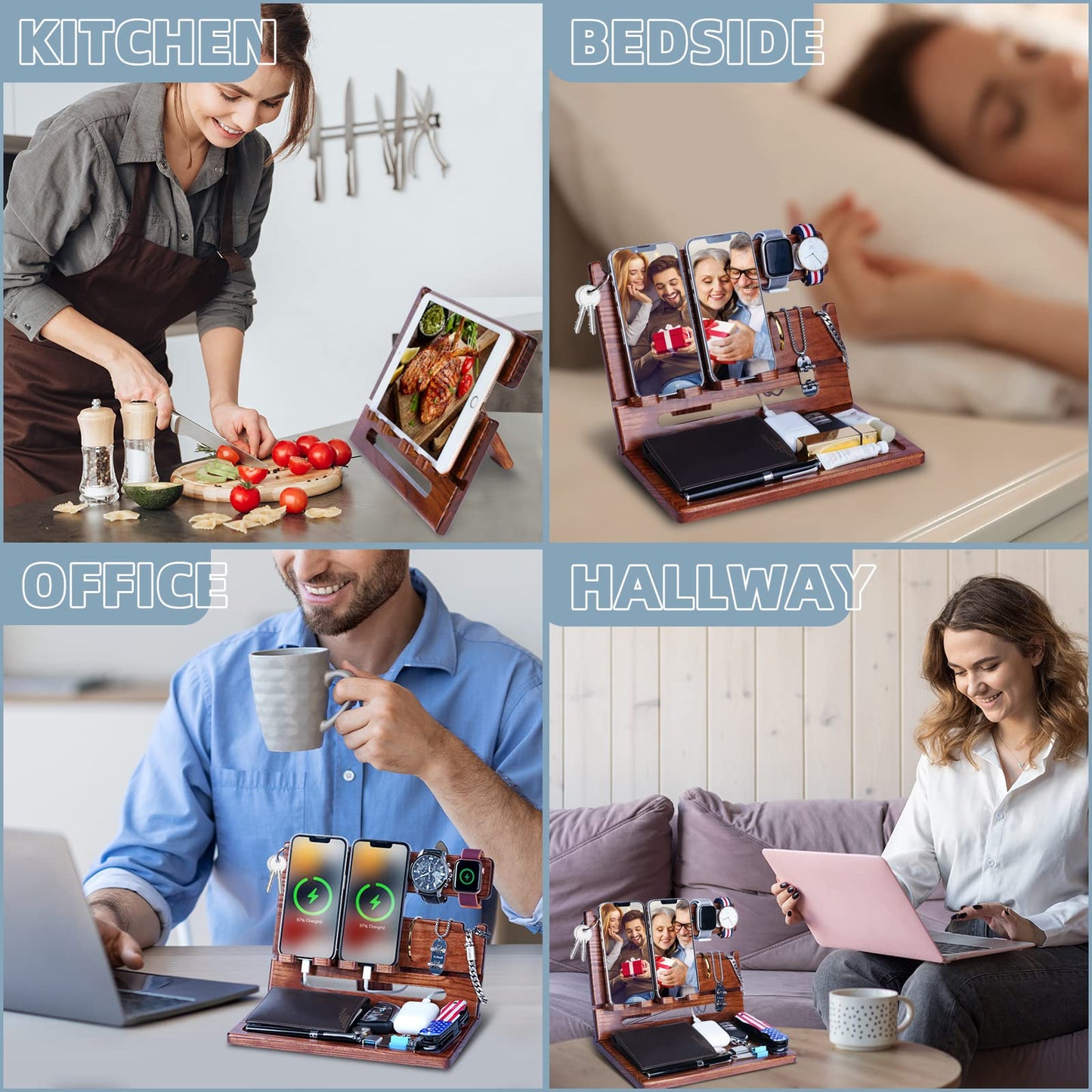 Gifts for Men Dad from Daughter Son Christmas, Wood Phone Docking Station with Drawer, Husband Birthday Gifts Him Boyfriend from Wife Anniversary Nightstand Organizer Xmas Stocking Stuffers