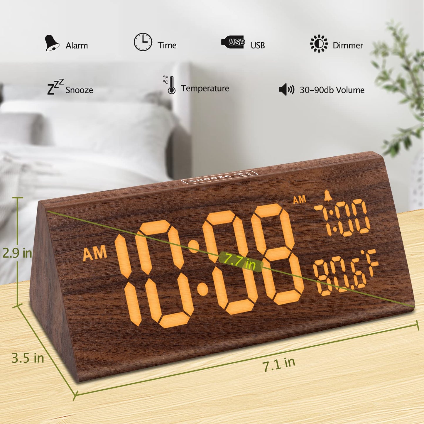 DreamSky Digital Alarm Clocks for Bedrooms - Wooden Desk Clock with Date, Day of Week, USB Port, Temperature, Dimmer for Bedside Table, Living Room, Office, Adjustable Volume, Auto DST, Wood Decor