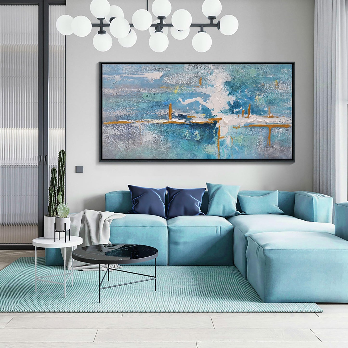 yiijeah Wall Art for Living Room - Framed Picture Artwork for Walls - Blue Wall Art 24x48 Inches Contemporary Abstract Wall Art Prints Canvas Painting Large Size Wall Art for Bedroom Office