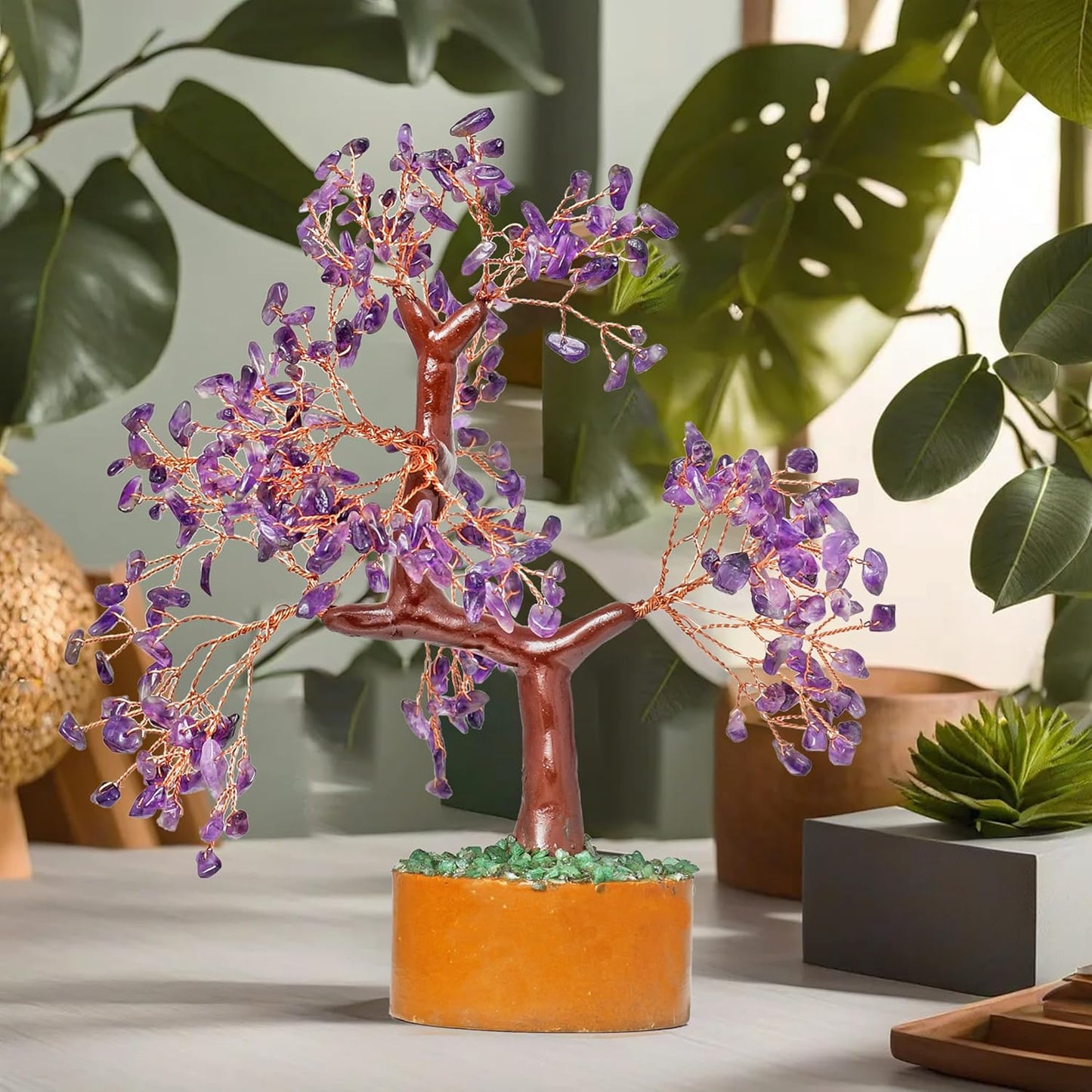 Ever Vibes Amethyst Chakra Gemstone Money Tree of Life with Necklace - Spiritual Decor, Feng Shui Healing Crystal, Handmade Tree Figurine Gift for Good Luck, Fortune, Wealth, Home Office Desk Decor