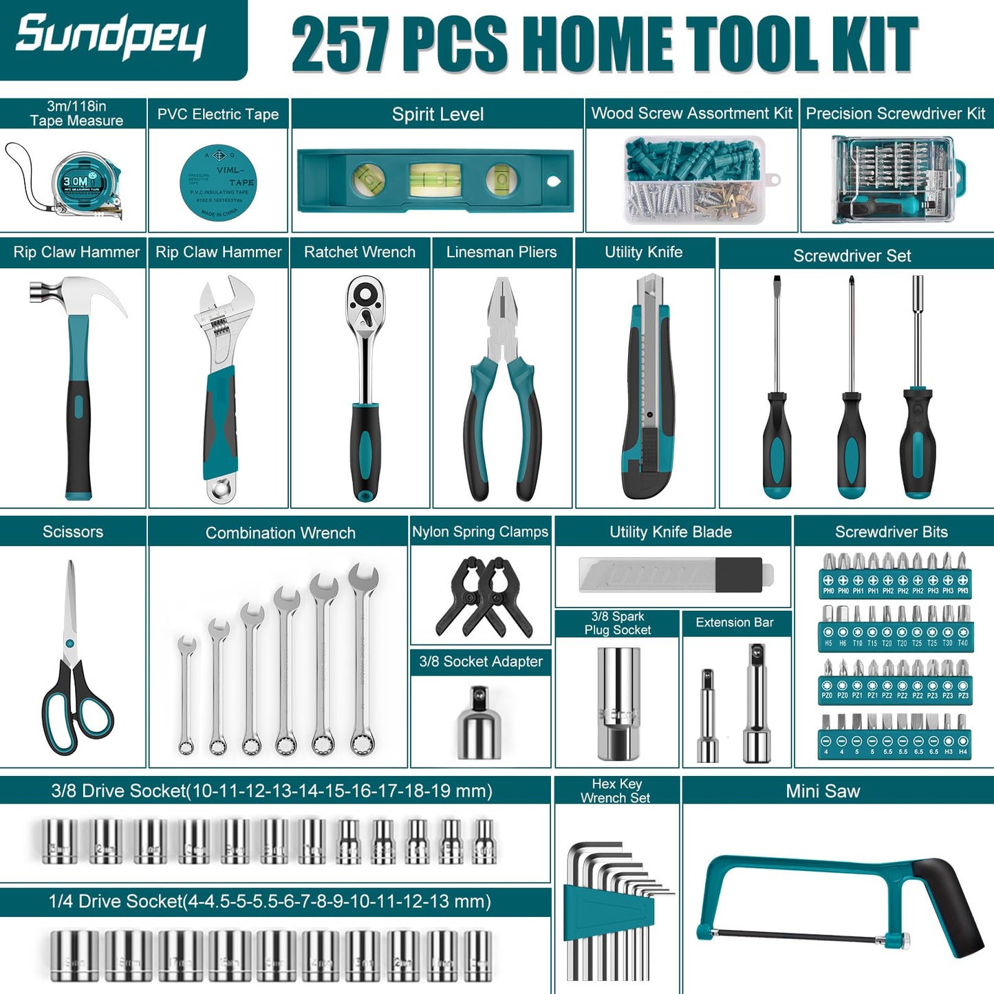 Sundpey Home Tool Kit 257-PCs - Household Basic Repair Tool Set for Men Women - General Hand Mechanic's Tool Set & Screwdriver Set & Wrench Set & Socket & Portable Tool Box Storage Case Blue