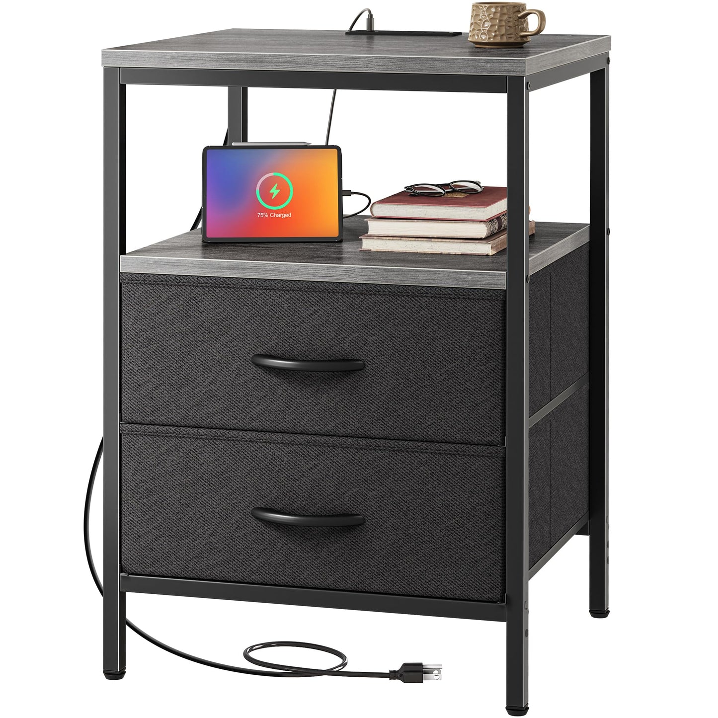 Huuger Nightstand with Charging Station, Side Table with Fabric Drawers, End Table with Open Shelf, Bedside Table with USB Ports and Outlets, Night Stand for Bedroom, Rustic Brown and Black
