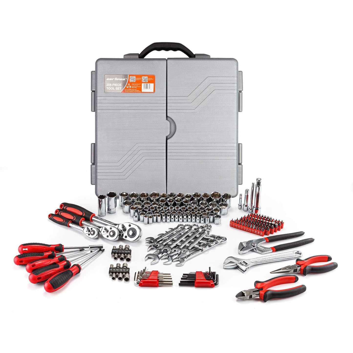 CARTMAN 205 Piece Ratchet Wrench Tool Set 1/4" & 3/8" & 1/2" Drive with SAE/Metric Sockets Kit in Plastic Toolbox