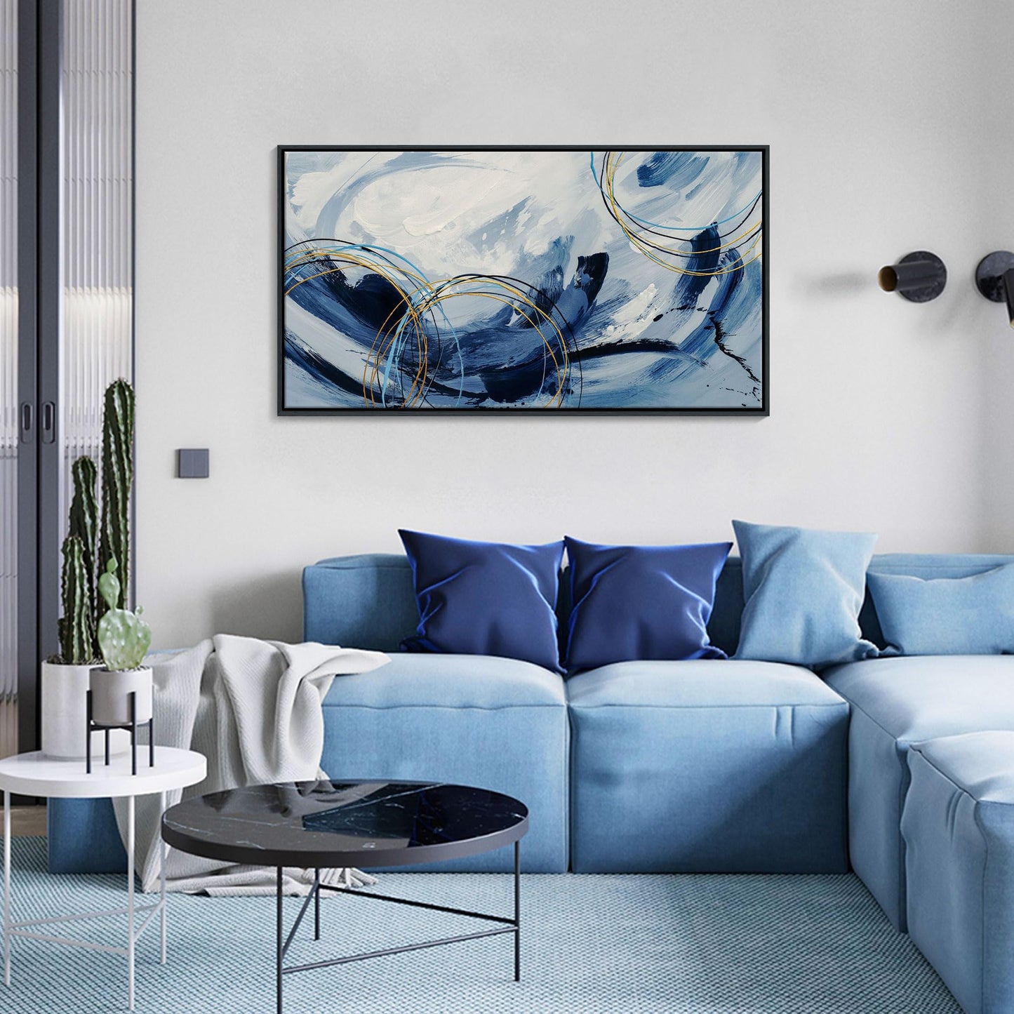 yiijeah Wall Art for Living Room - Framed Picture Artwork for Walls - Blue Wall Art 24x48 Inches Contemporary Abstract Wall Art Prints Canvas Painting Large Size Wall Art for Bedroom Office
