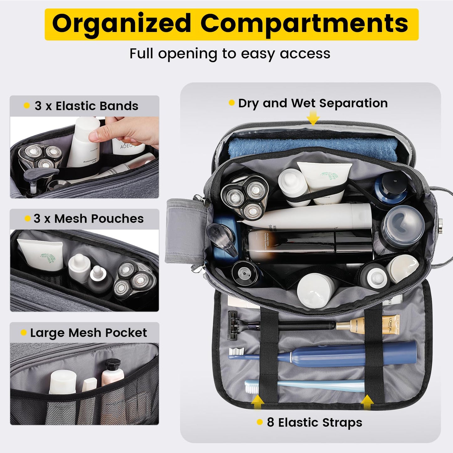 Vorspack Travel Toiletry Bag for Men - Water Resistant Mens Toiletry Travel Bag Dopp Kit Shaving Bag for Bathroom Toiletries Gifts - Grey