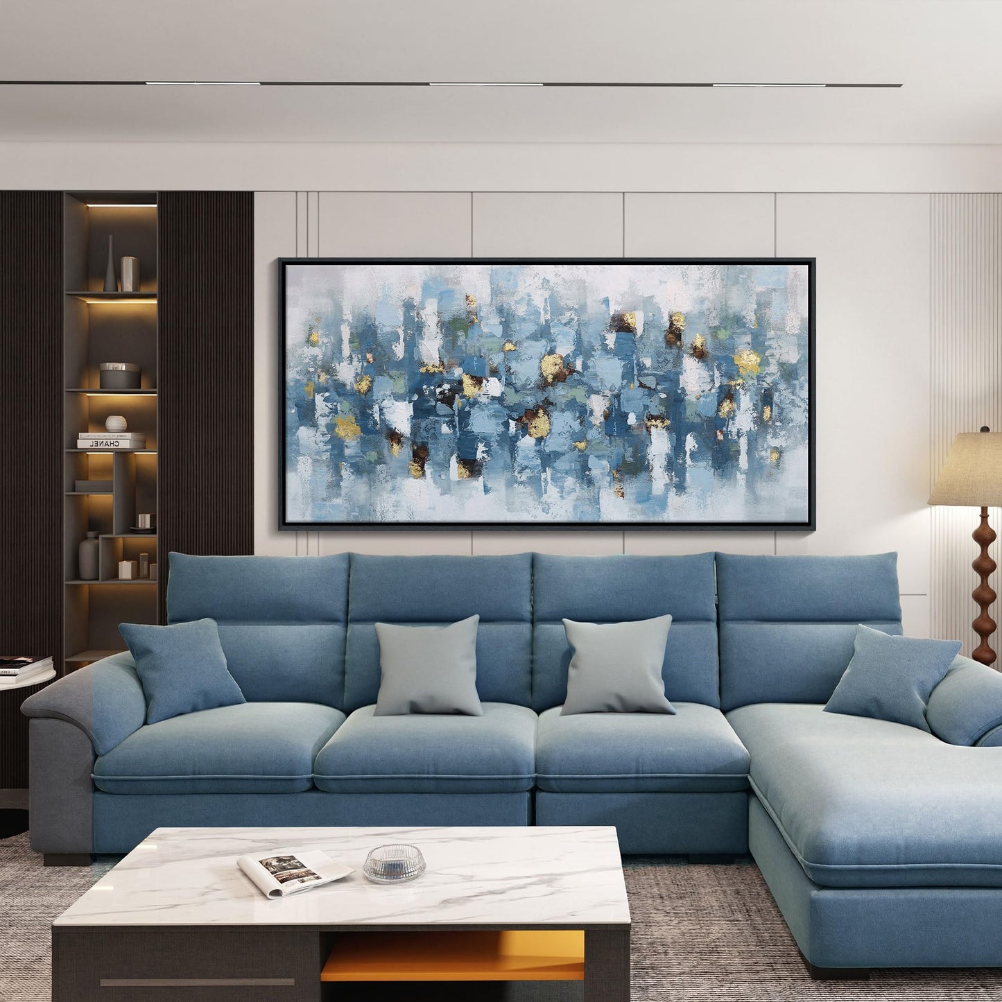 yiijeah Wall Art for Living Room - Framed Picture Artwork for Walls - Blue Wall Art 24x48 Inches Contemporary Abstract Wall Art Prints Canvas Painting Large Size Wall Art for Bedroom Office