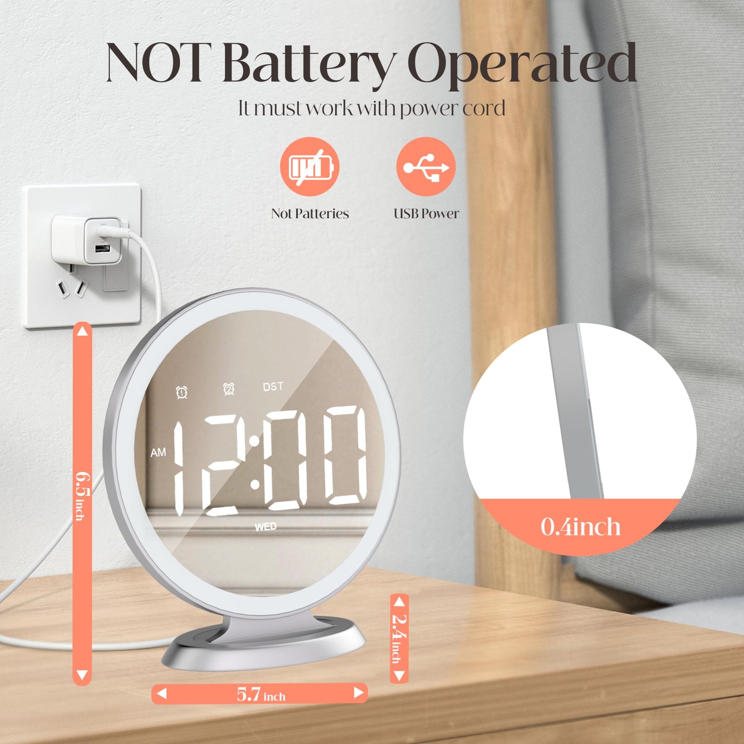 Slim LED Digital Alarm Clock, Mirror Surface for Makeup, with Diming, Large Display, Easy Setting, USB Ports, Modern Decor for Bedroom, Desk, Xmas, Birthday Gift for Women, Sister, Teen Girl, Silver