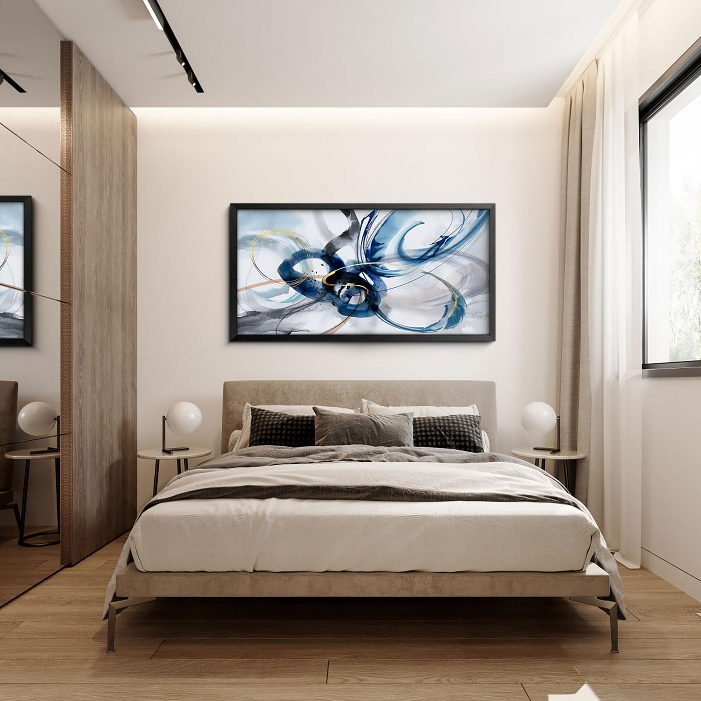 yiijeah Wall Art for Living Room - Framed Picture Artwork for Walls - Blue Wall Art 24x48 Inches Contemporary Abstract Wall Art Prints Canvas Painting Large Size Wall Art for Bedroom Office